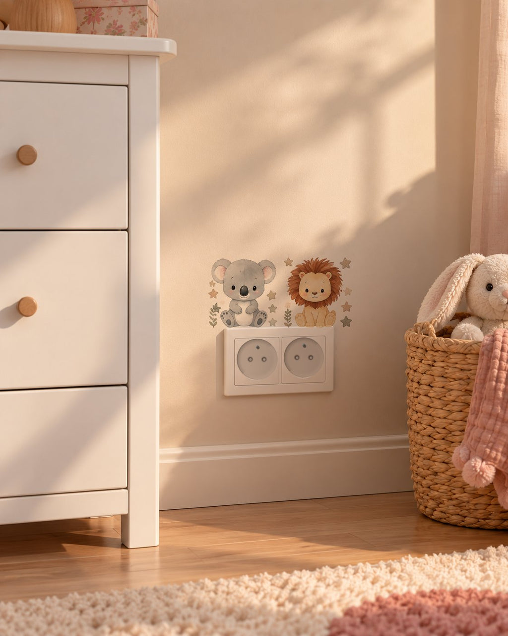 Bébés animaux au-dessus des prises, près d'une commode