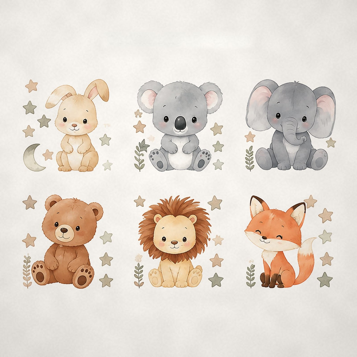Stickers muraux bébés animaux, lot de 6, aquarelle