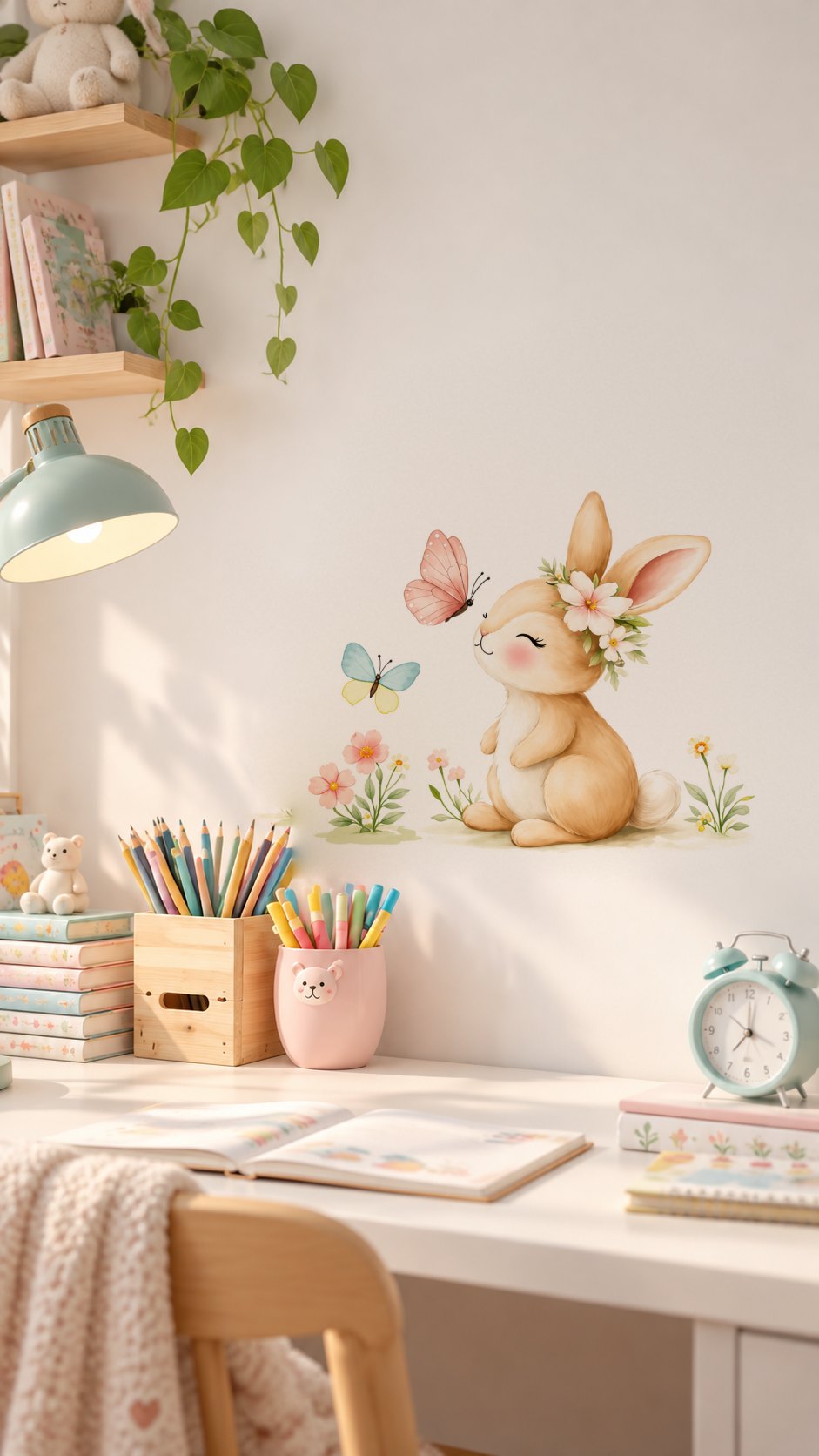 Petit lapin fleuri au-dessus d'un bureau d'enfant