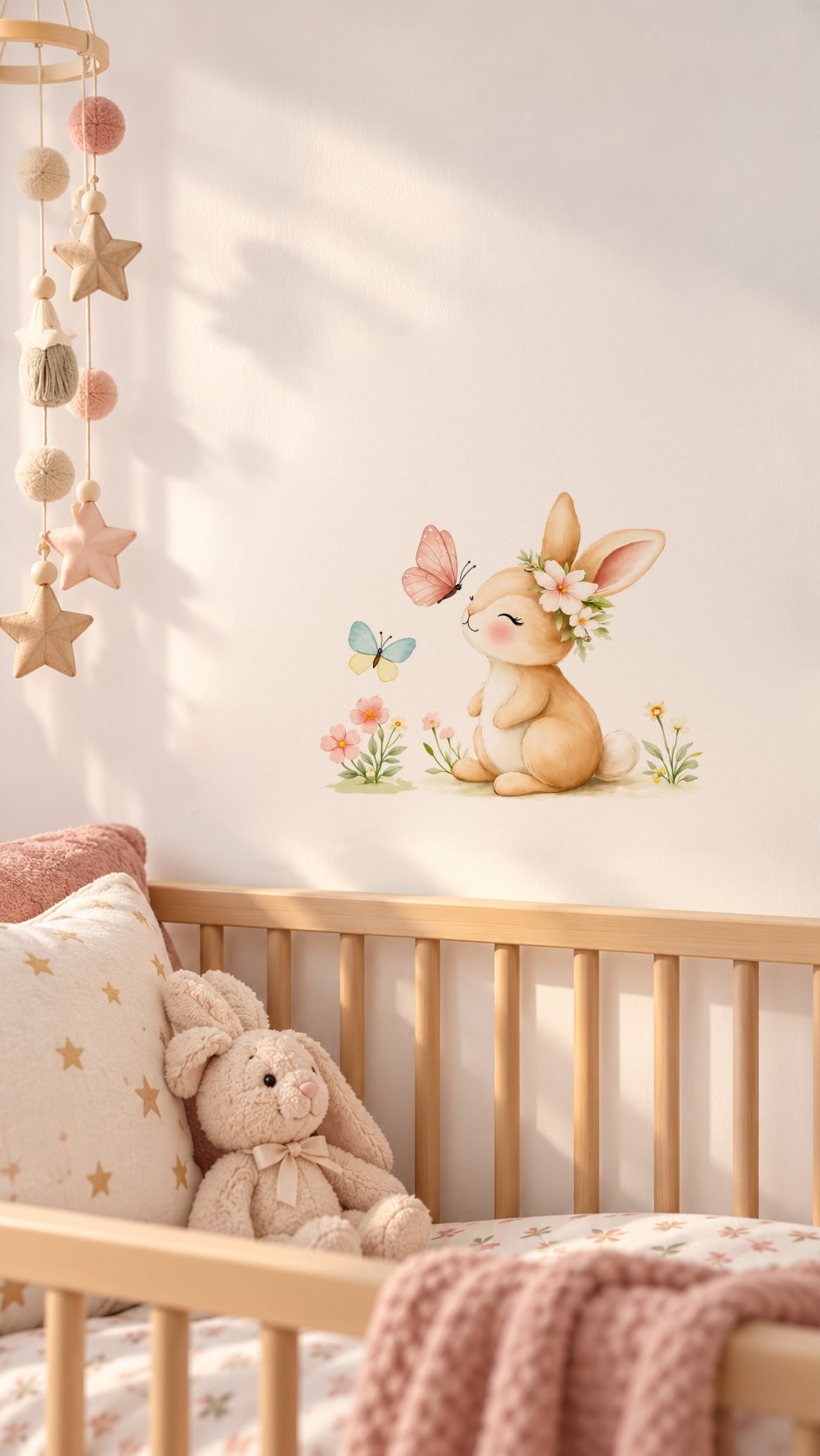 Petit lapin fleuri au-dessus d'un lit bébé