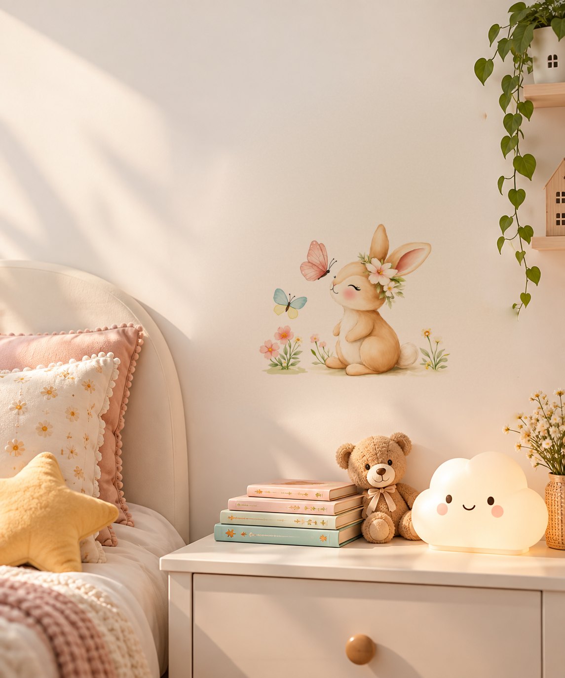 Petit lapin fleuri au-dessus d'une table de nuit, à l'échelle