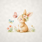 Sticker mural petit lapin fleuri et papillons, aquarelle