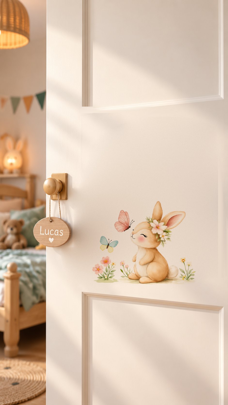 Petit lapin fleuri posé sur une porte de chambre