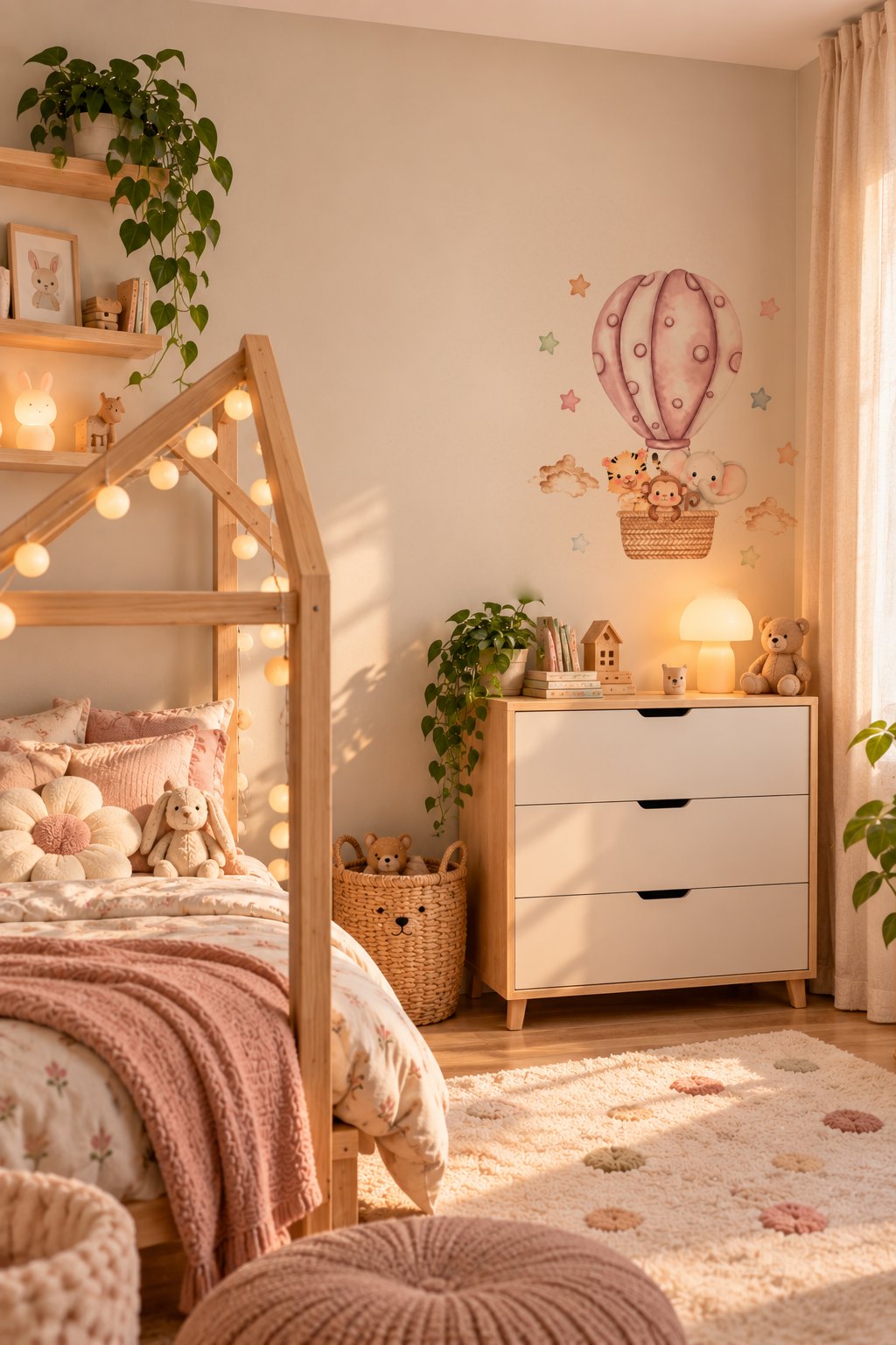 Montgolfière rose poudré dans une chambre avec lit cabane