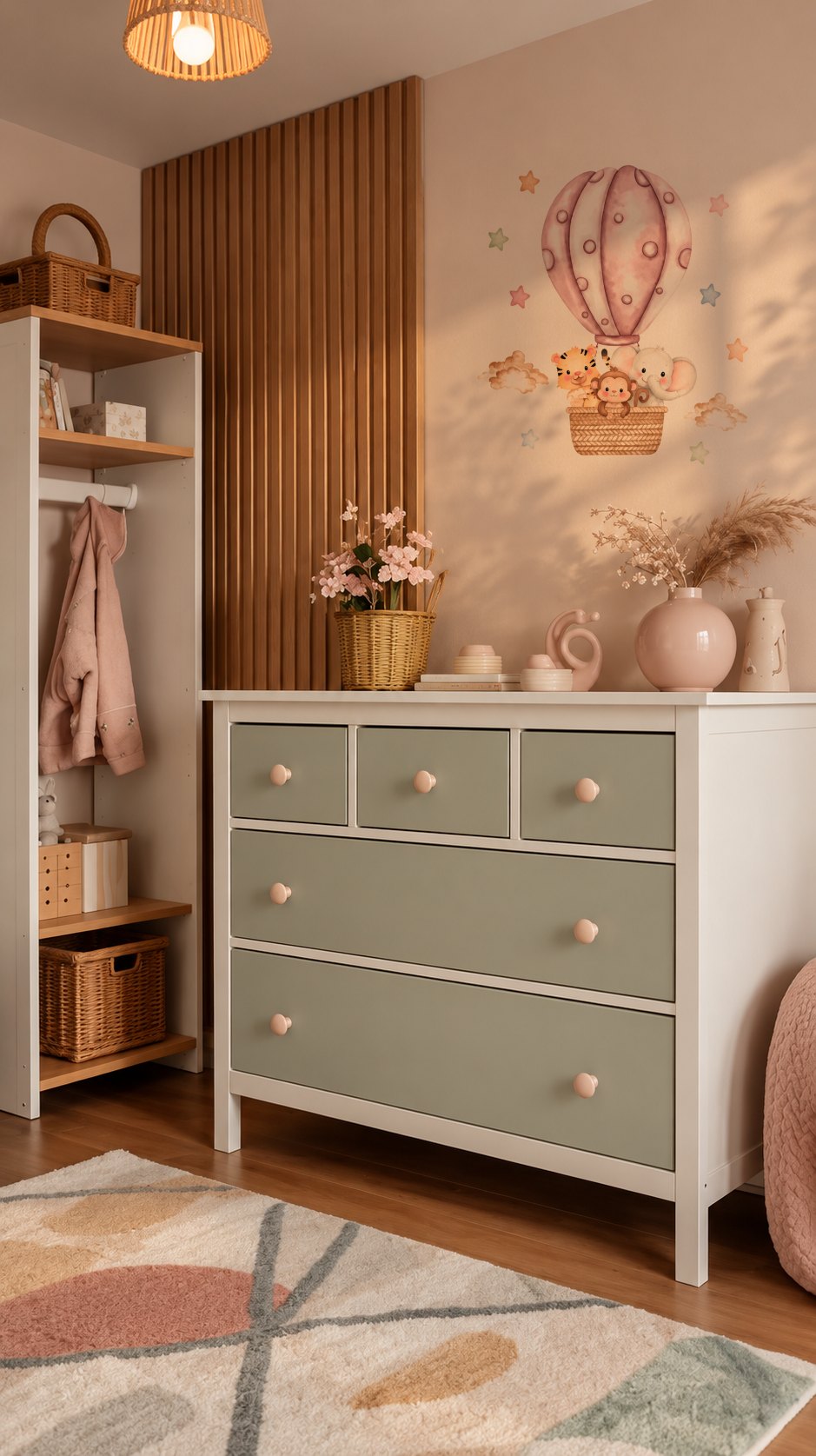 Montgolfière rose poudré au-dessus d'une commode verte