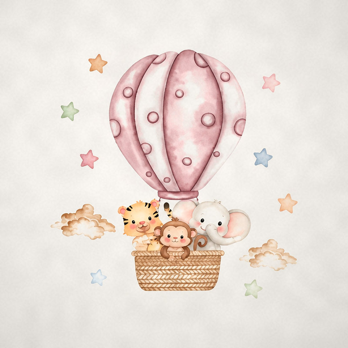 Sticker mural montgolfière des animaux rose poudré, aquarelle