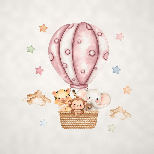 Sticker mural montgolfière des animaux rose poudré, aquarelle