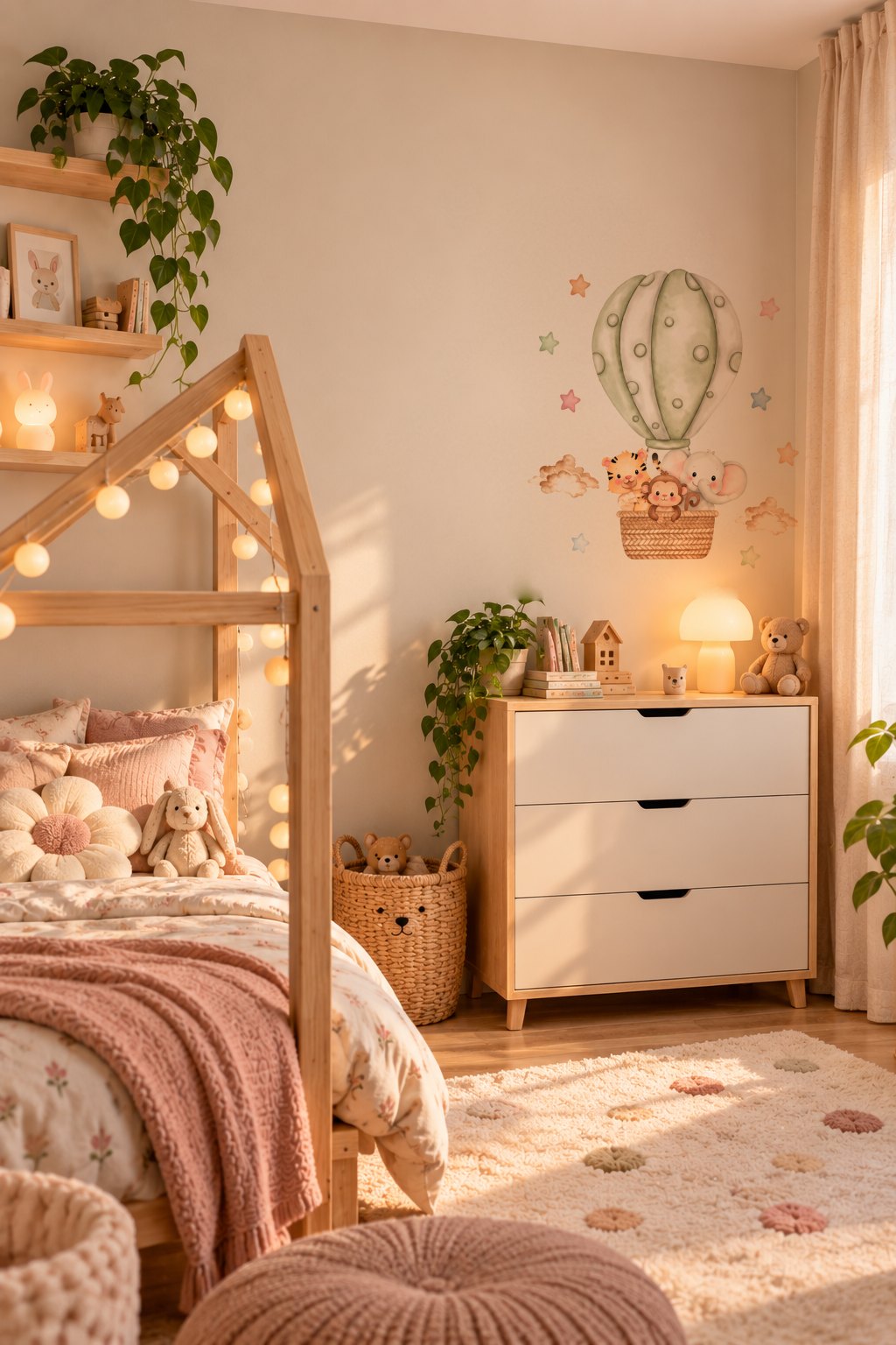 Montgolfière vert sauge dans une chambre avec lit cabane
