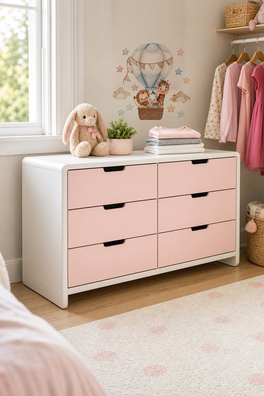 Montgolfière de la savane au-dessus d'une commode rose